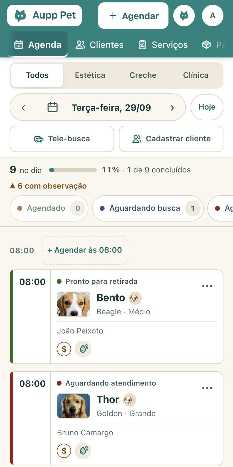 A agenda do Aupp Pet no celular: cada cão com a etapa em que está