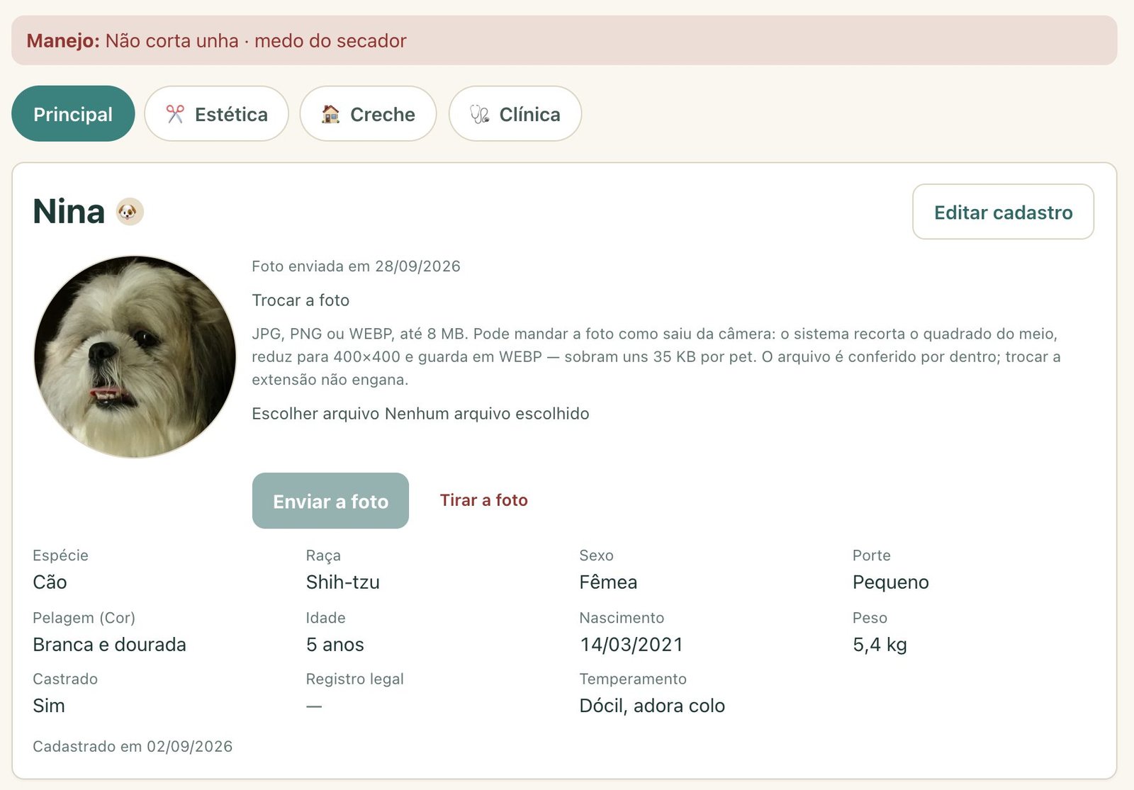 A ficha da Nina no Aupp Pet: manejo em destaque, foto, dados e pacotes
